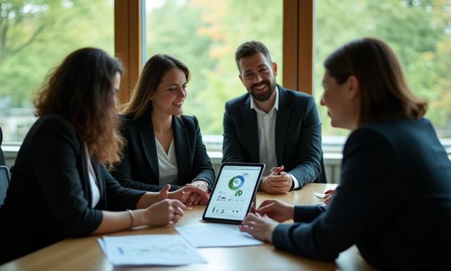 Professionals in a meeting discussing tea production data