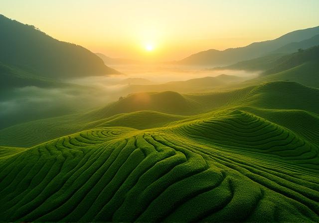 Aerial view of lush green tea plantations at dawn